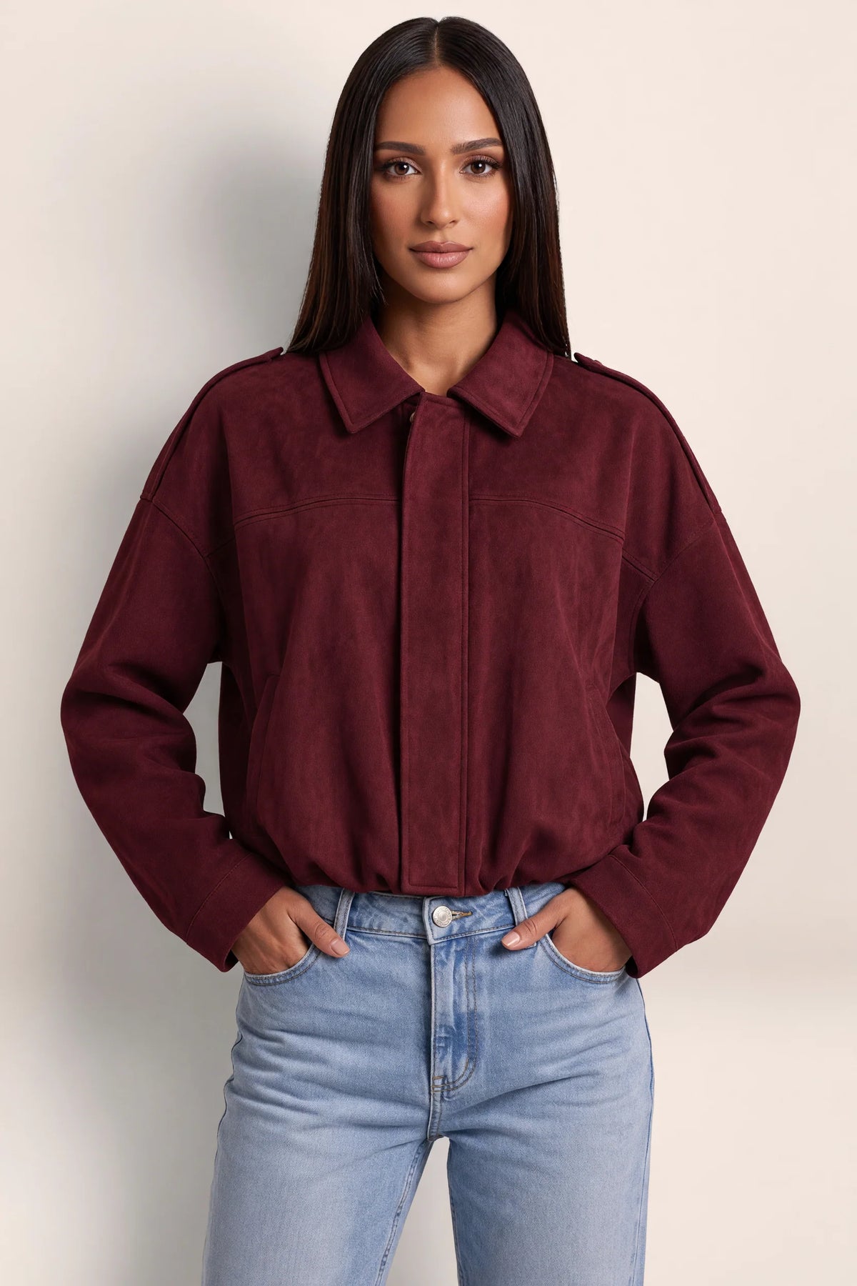 Women's Stylish Suede Look Bomber Jacket with Oversized Fit for Everyday Comfort