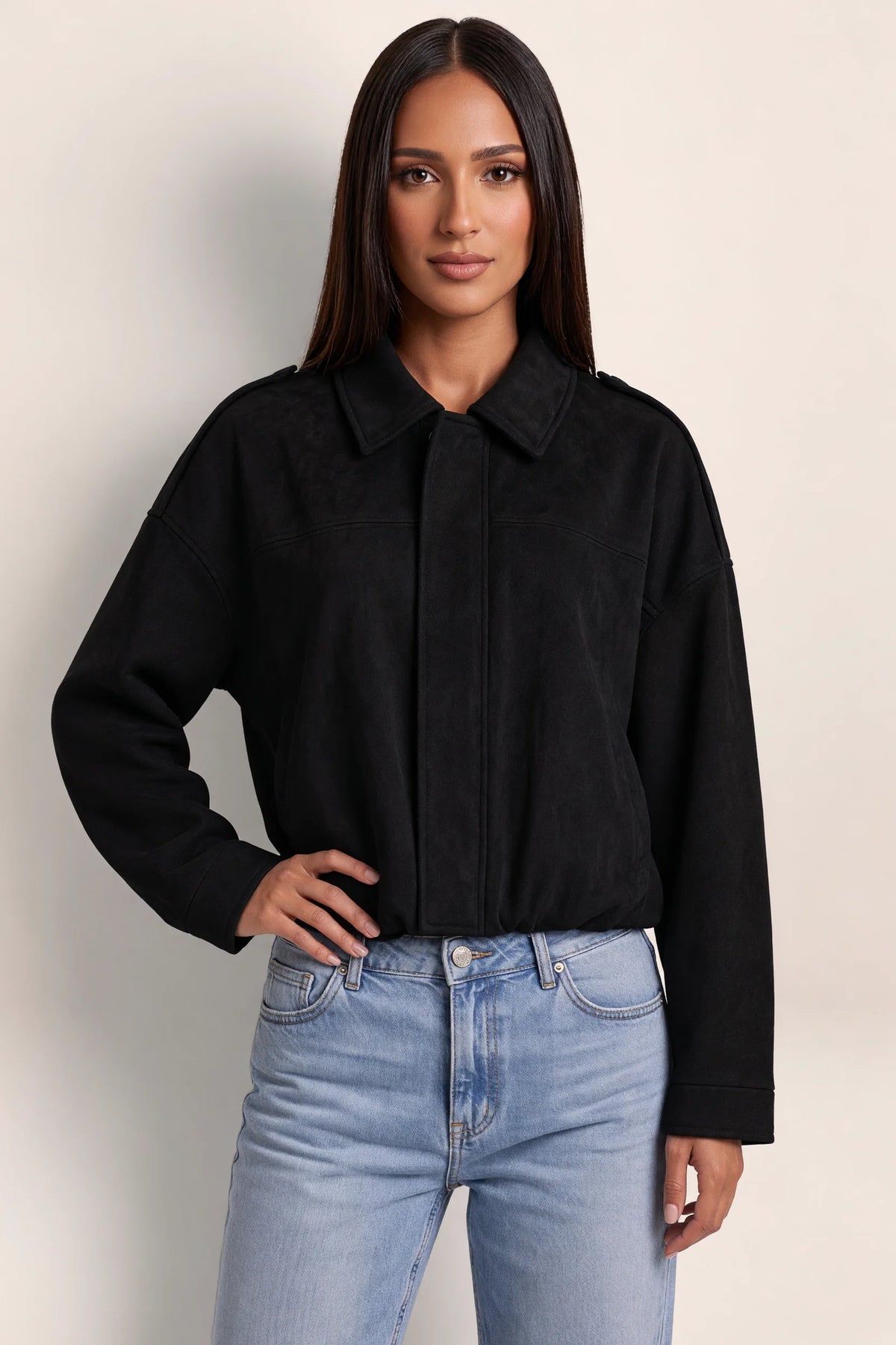 Women's Stylish Suede Look Bomber Jacket with Oversized Fit for Everyday Comfort