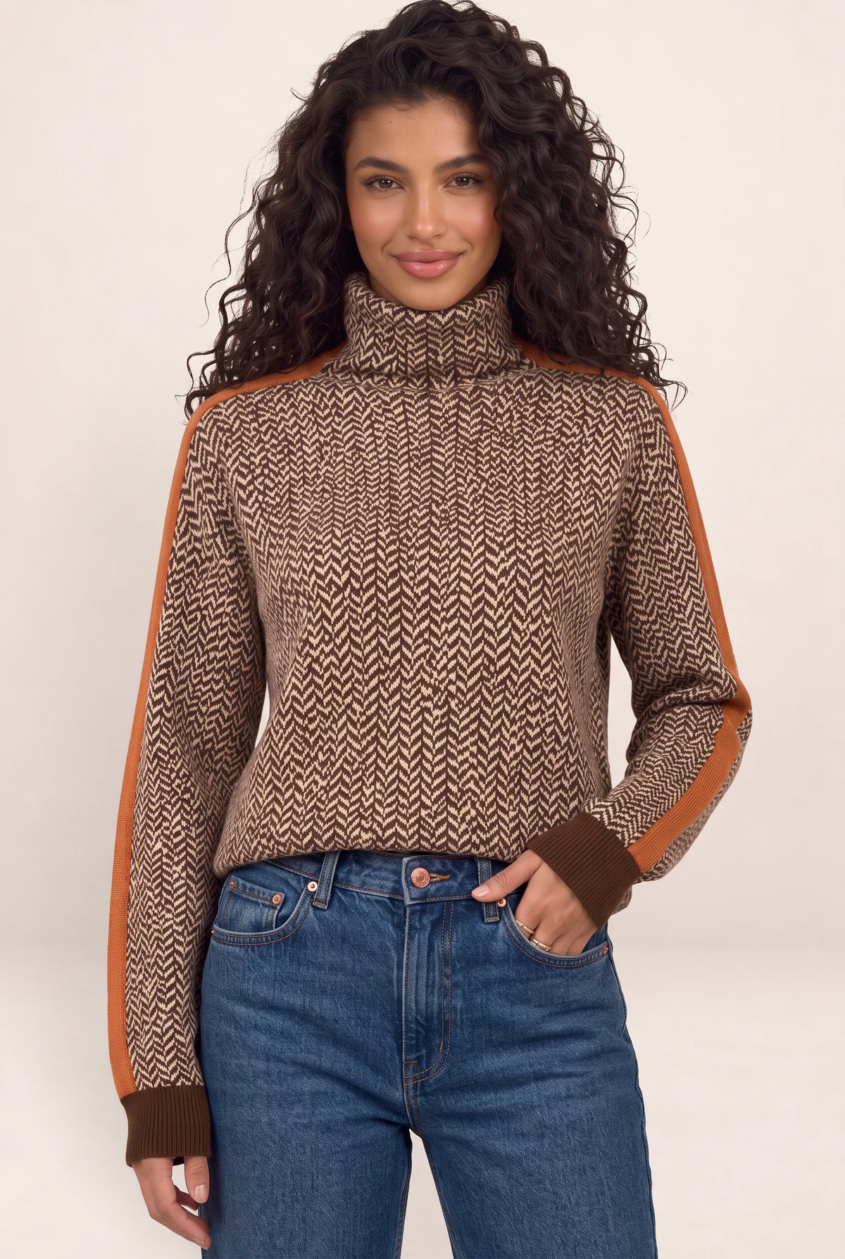 Women's Sweater with Herringbone Design & Contrast Stripes | Cozy Jumper for Effortless Style