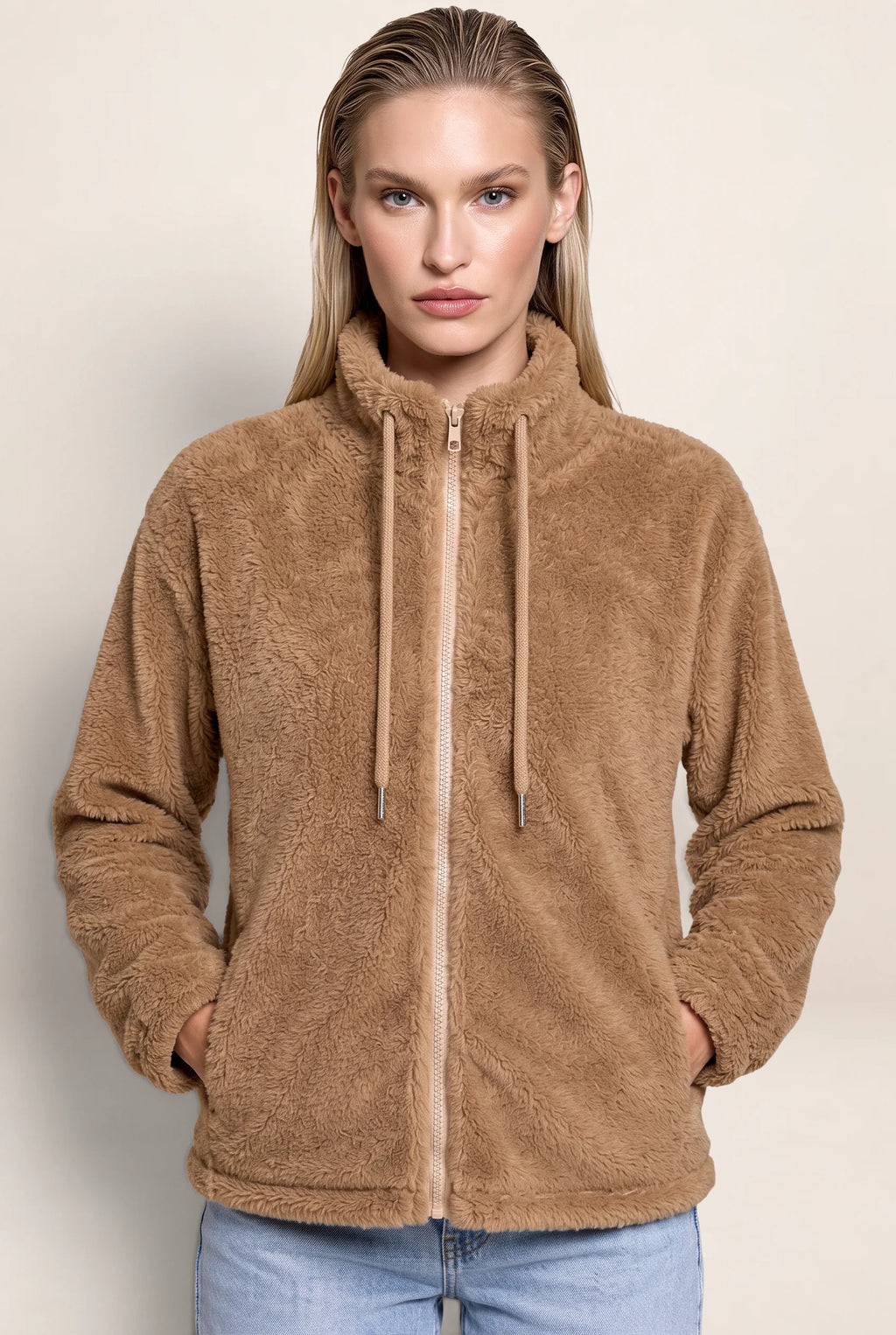 Women’s Teddy Fleece Zip-Up Jacket – Soft High Neck Jumper