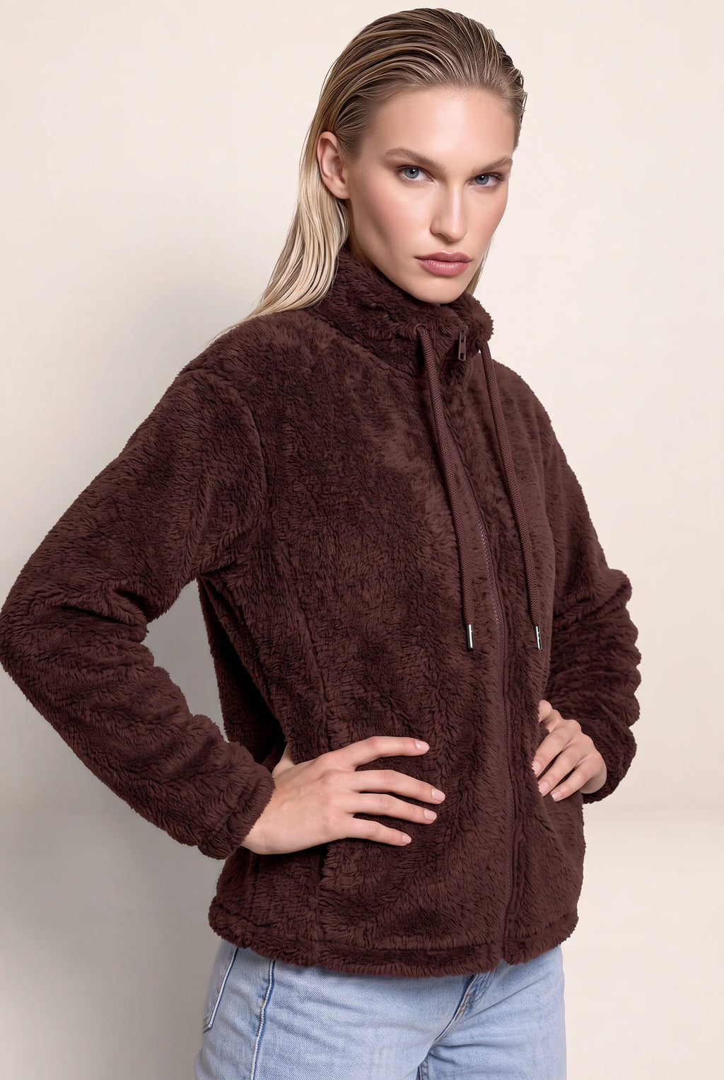 Women’s Teddy Fleece Zip-Up Jacket – Soft High Neck Jumper