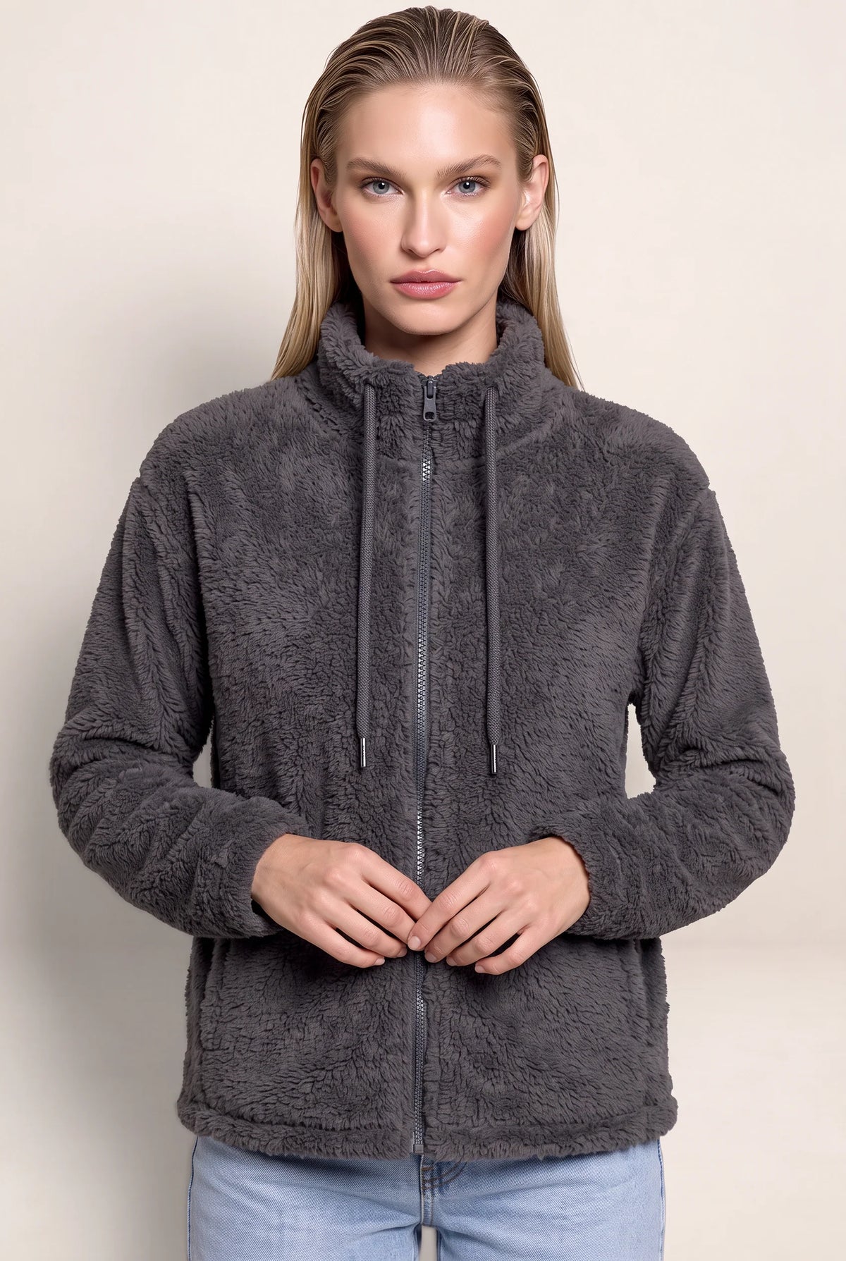 Women’s Teddy Fleece Zip-Up Jacket – Soft High Neck Jumper