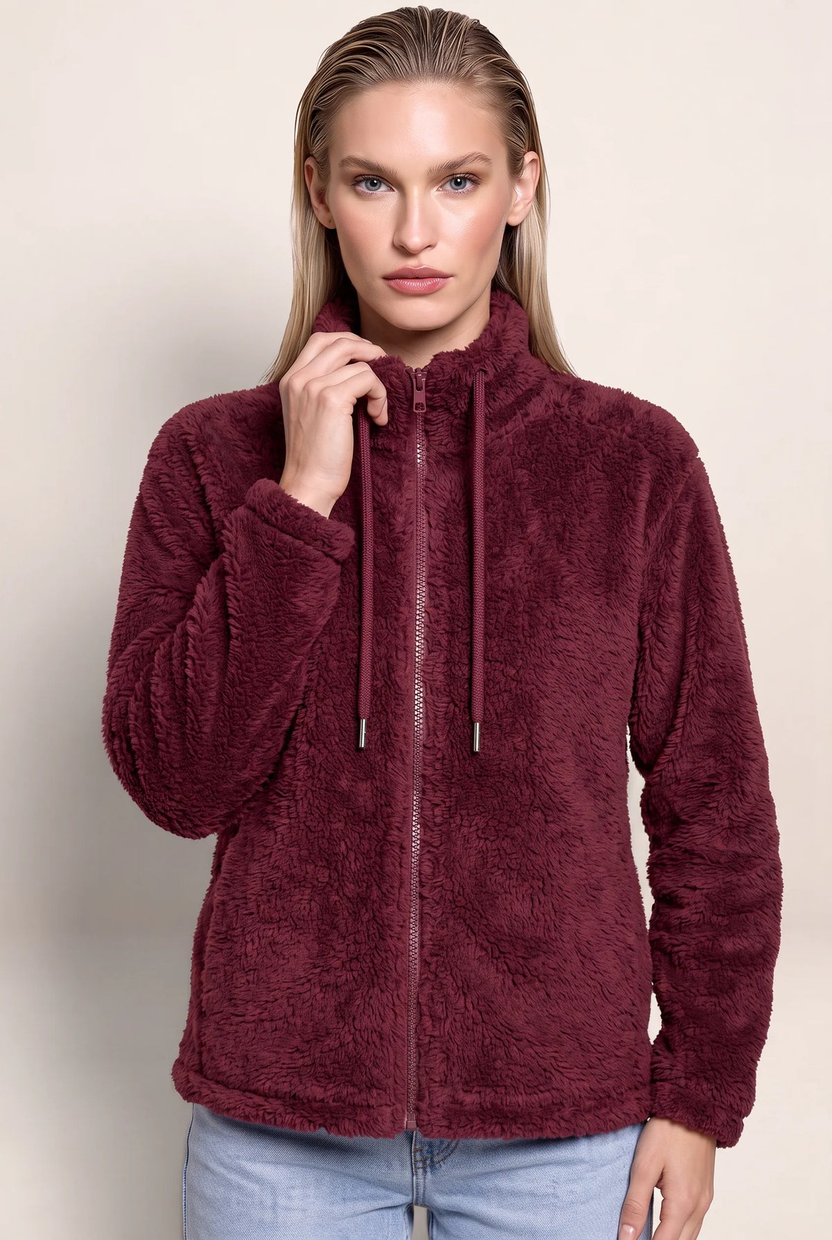 Women’s Teddy Fleece Zip-Up Jacket – Soft High Neck Jumper