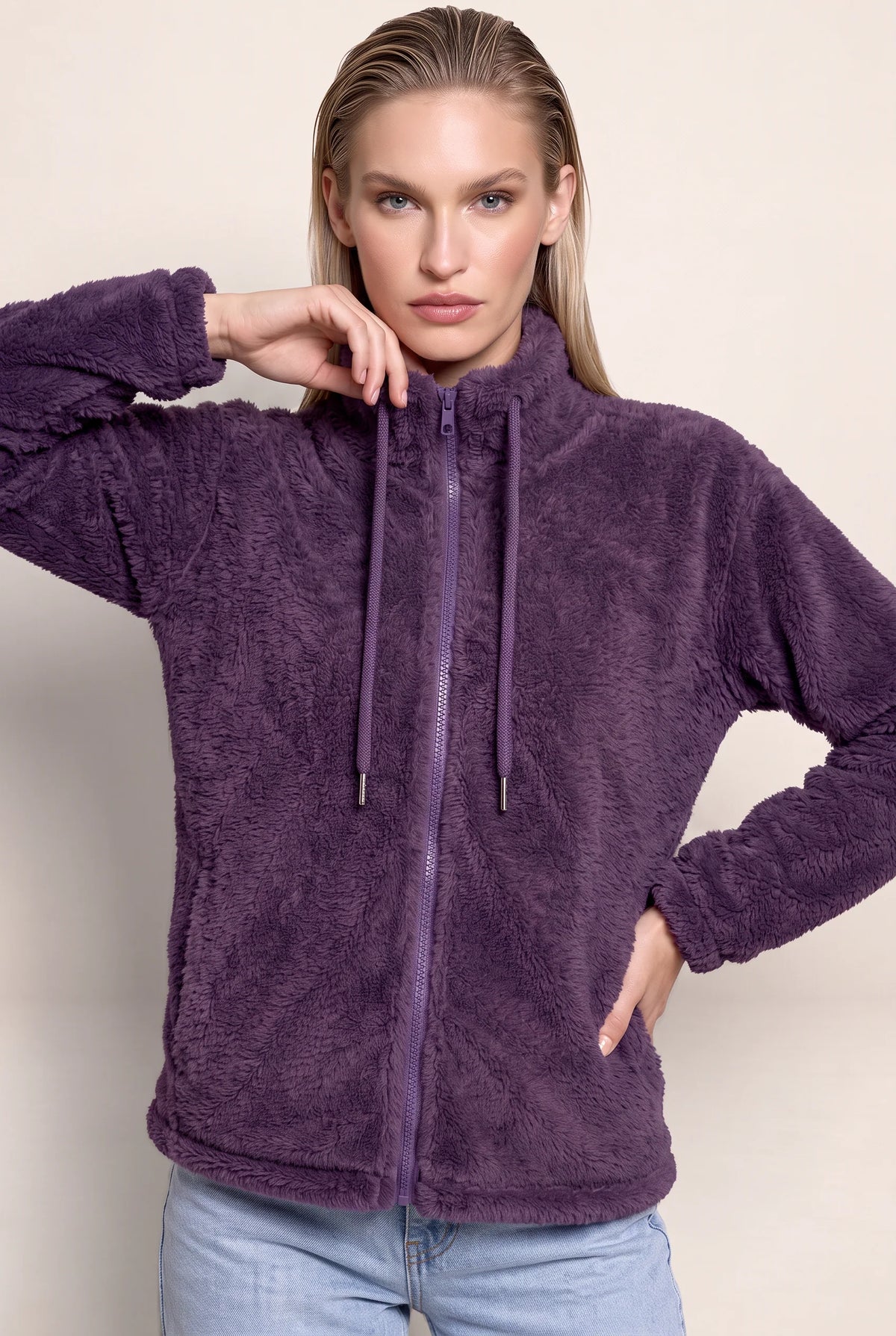 Women’s Teddy Fleece Zip-Up Jacket – Soft High Neck Jumper