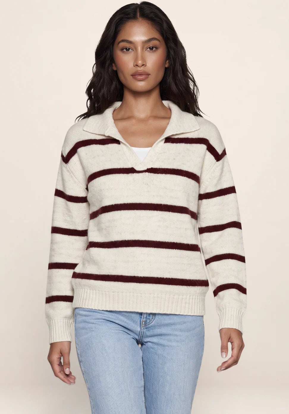 Women’s Wool Striped Jumper – Collared V-Neck Long Sleeve Knit Sweater