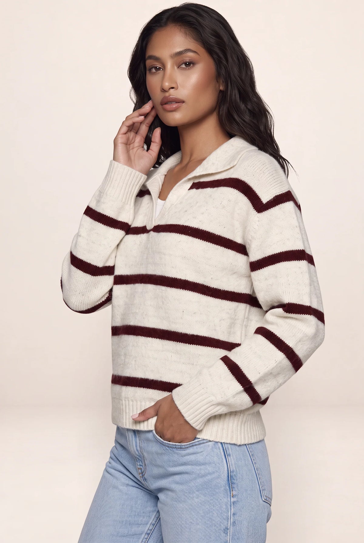 Women’s Wool Striped Jumper – Collared V-Neck Long Sleeve Knit Sweater