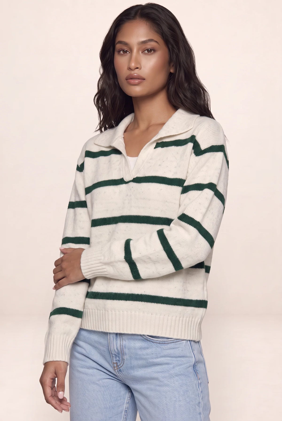 Women’s Wool Striped Jumper – Collared V-Neck Long Sleeve Knit Sweater