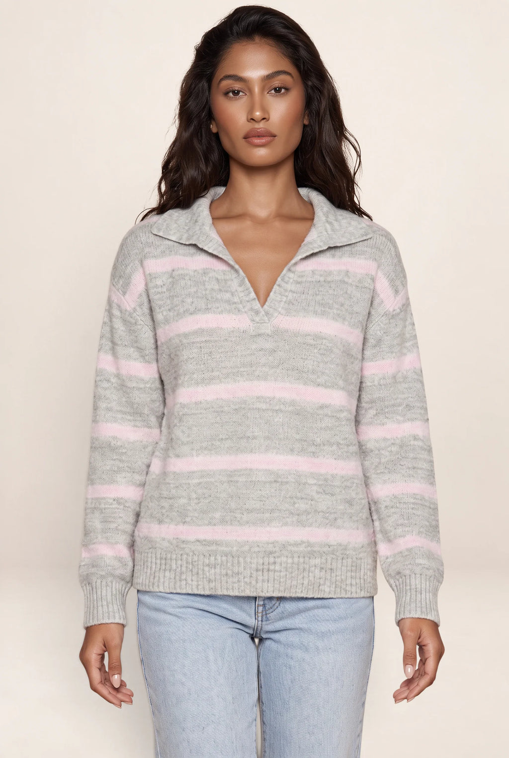 Women’s Wool Striped Jumper – Collared V-Neck Long Sleeve Knit Sweater