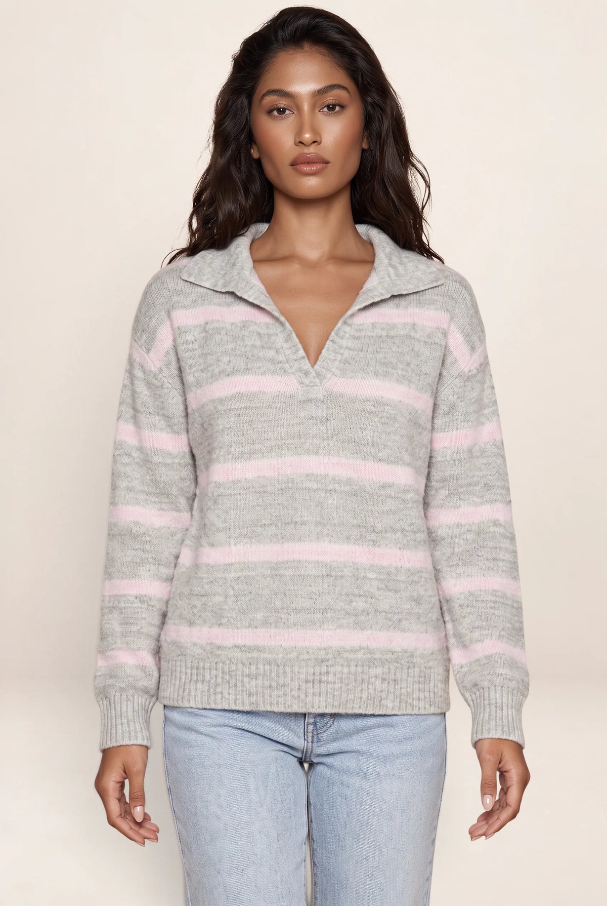 Women’s Wool Striped Jumper – Collared V-Neck Long Sleeve Knit Sweater