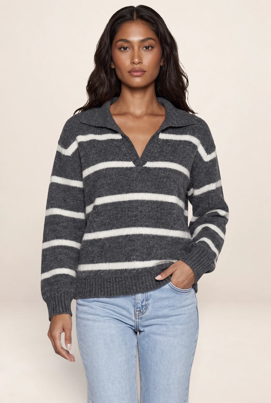 Women’s Wool Striped Jumper – Collared V-Neck Long Sleeve Knit Sweater