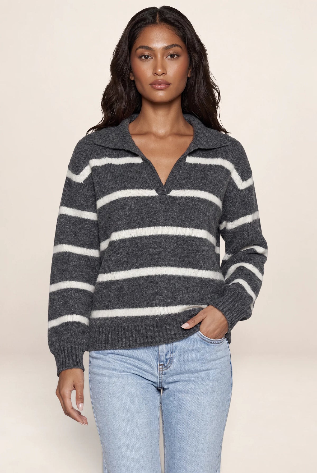 Women’s Wool Striped Jumper – Collared V-Neck Long Sleeve Knit Sweater