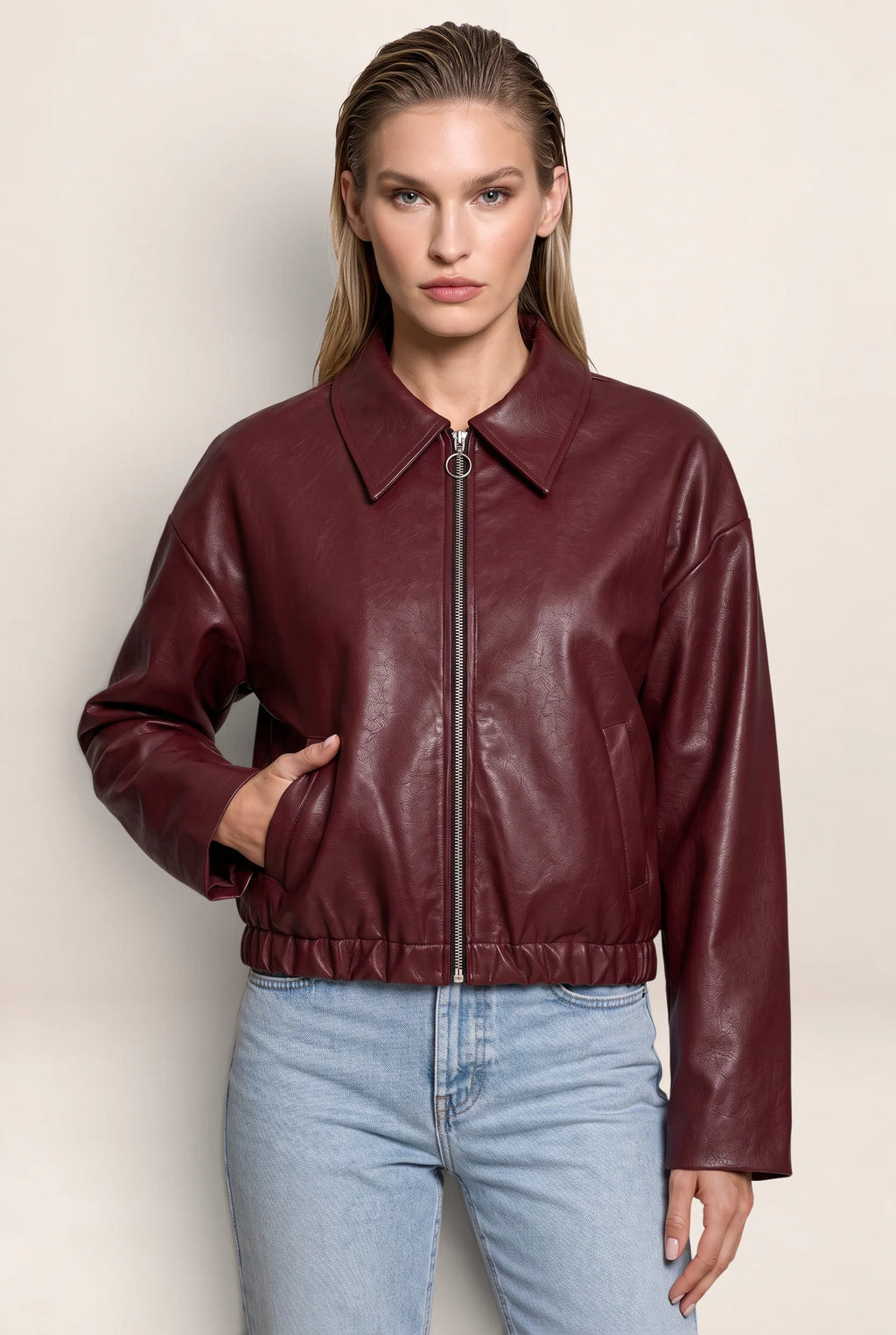 Women's Zip Leather Jacket with Oversized Collar