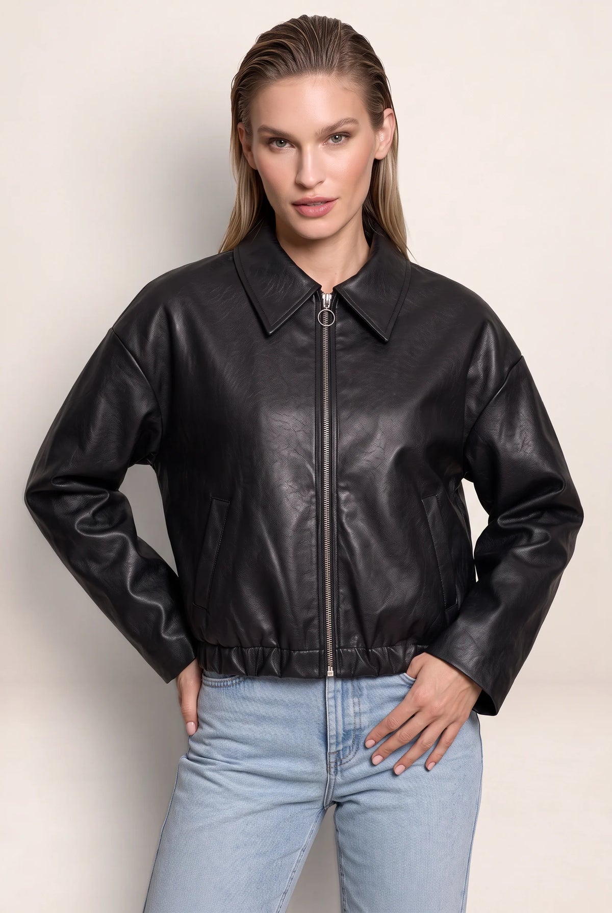 Women's Zip Leather Jacket with Oversized Collar