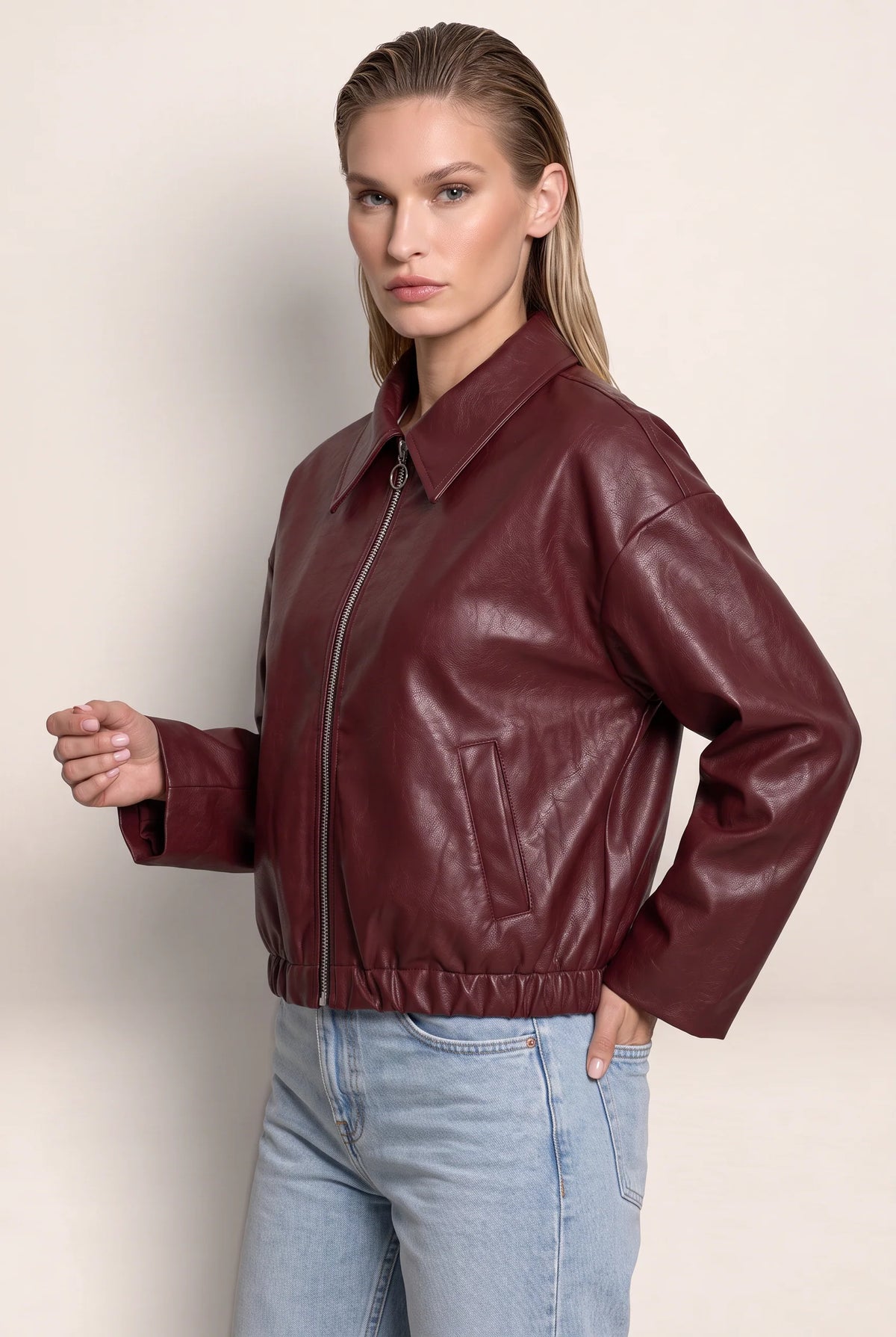 Women's Zip Leather Jacket with Oversized Collar