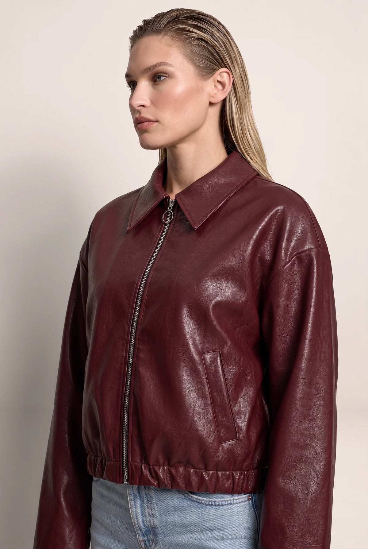 Women's Zip Leather Jacket with Oversized Collar
