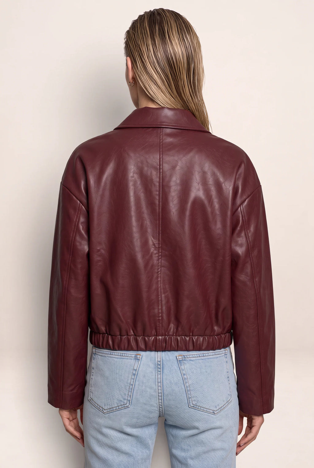 Women's Zip Leather Jacket with Oversized Collar