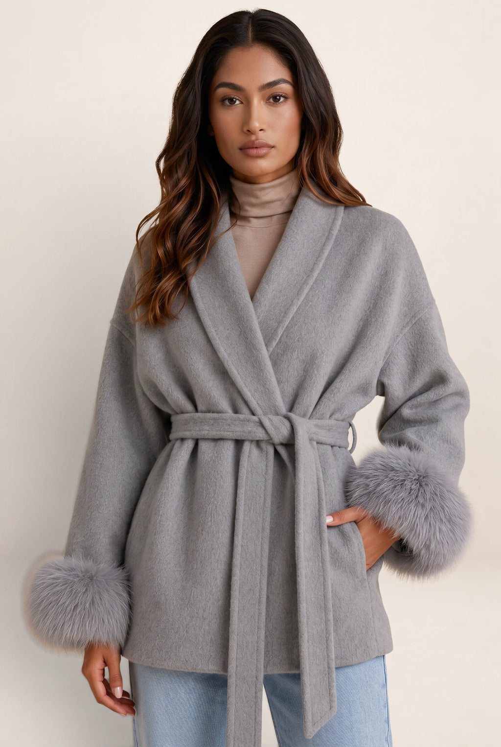 Wool Blend Wrap Coat with Faux Fur Trim