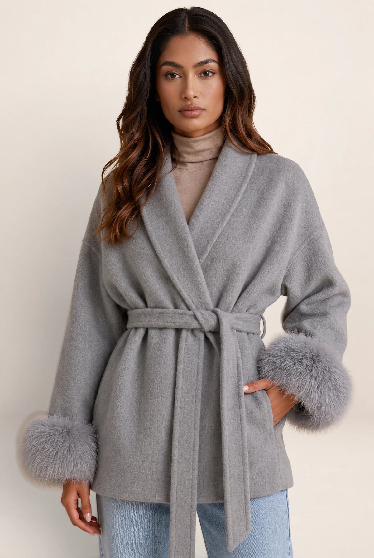 Wool Blend Wrap Coat with Faux Fur Trim
