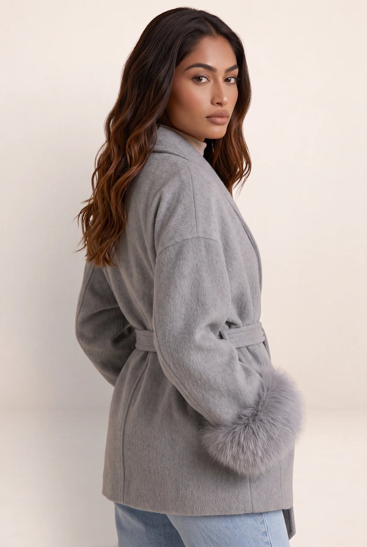 Wool Blend Wrap Coat with Faux Fur Trim