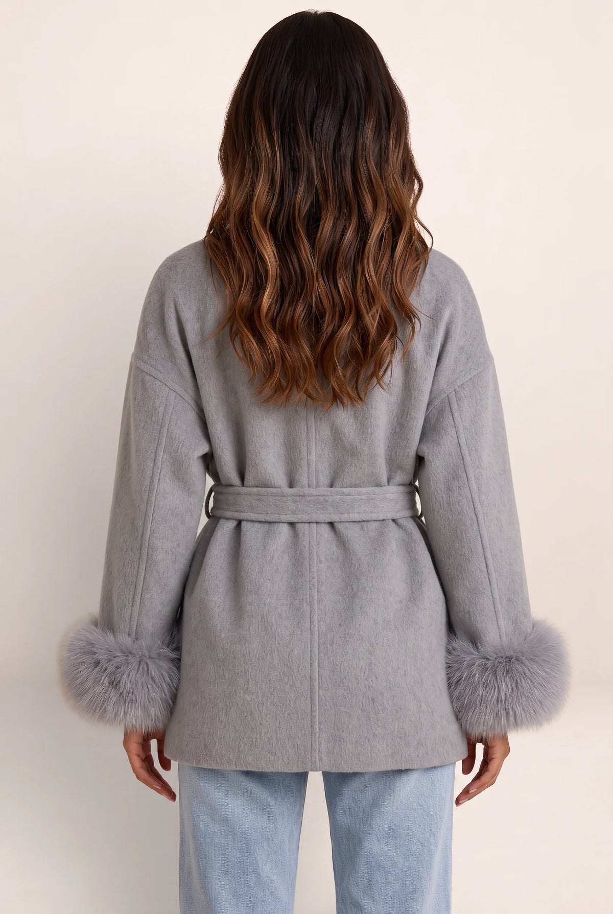 Wool Blend Wrap Coat with Faux Fur Trim