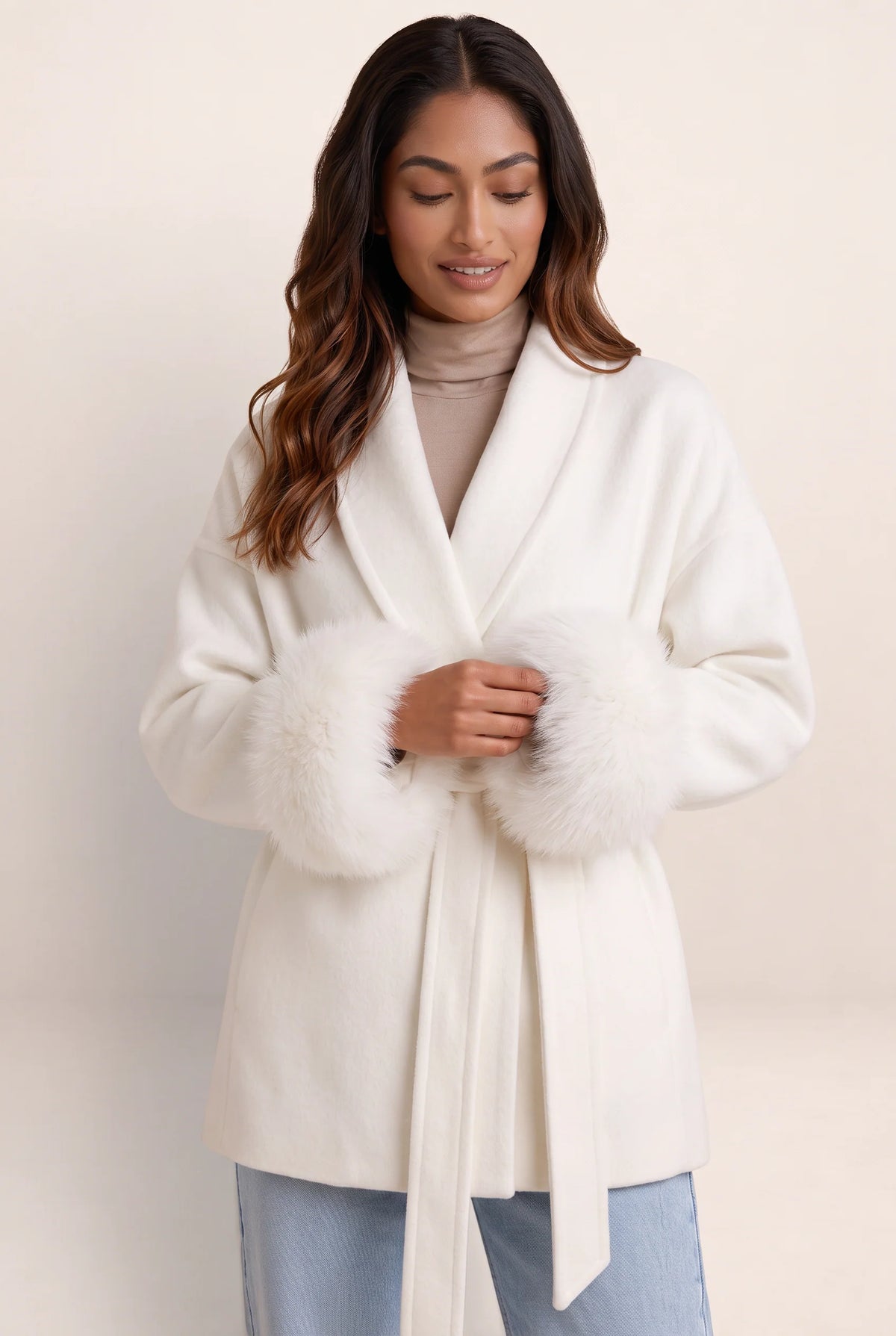 Wool Blend Wrap Coat with Faux Fur Trim