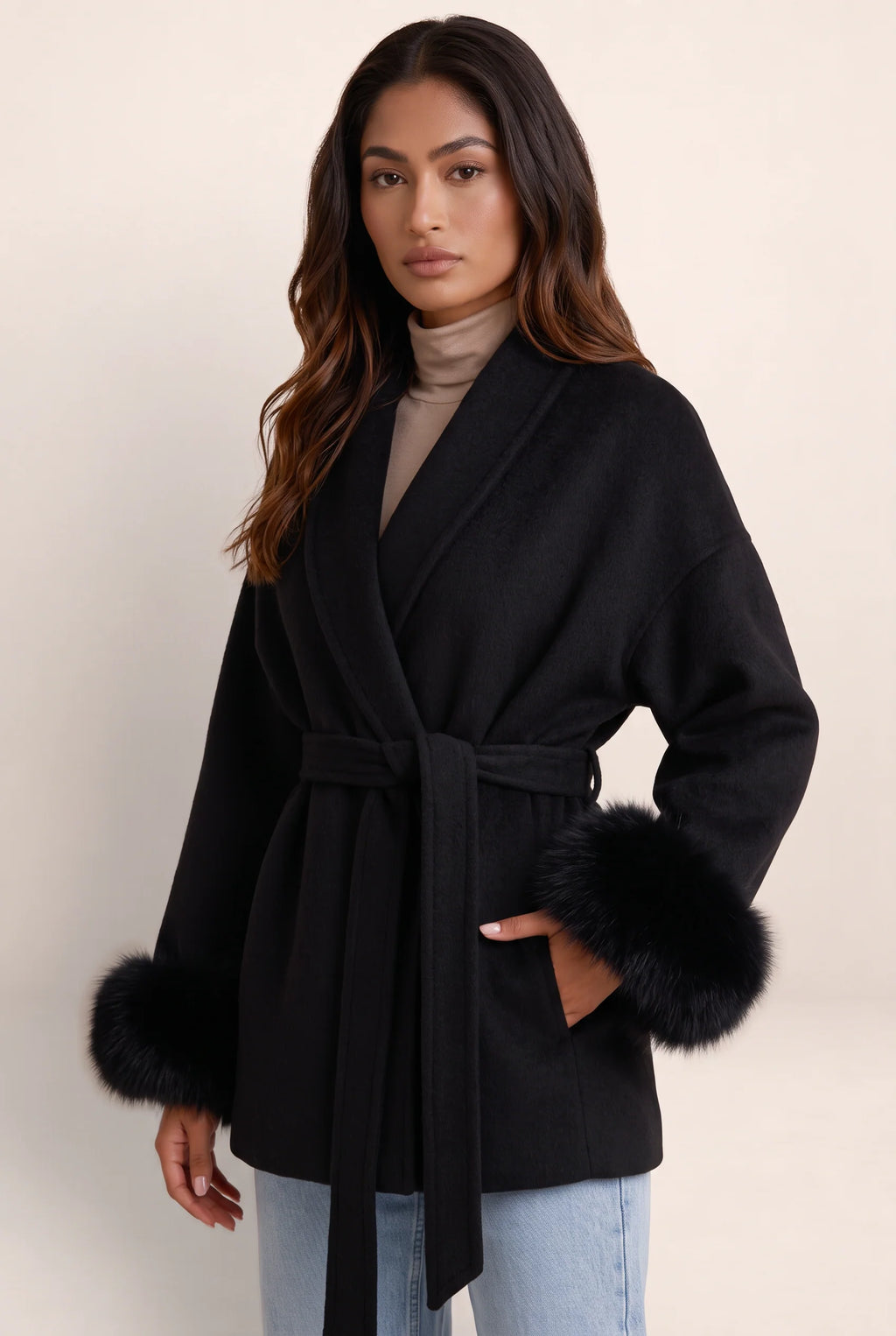 Wool Blend Wrap Coat with Faux Fur Trim