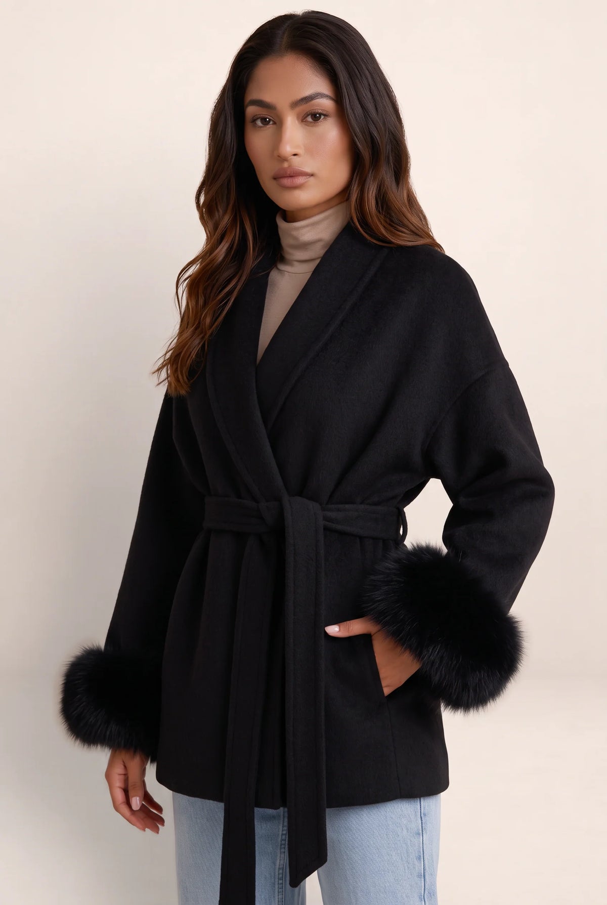 Wool Blend Wrap Coat with Faux Fur Trim